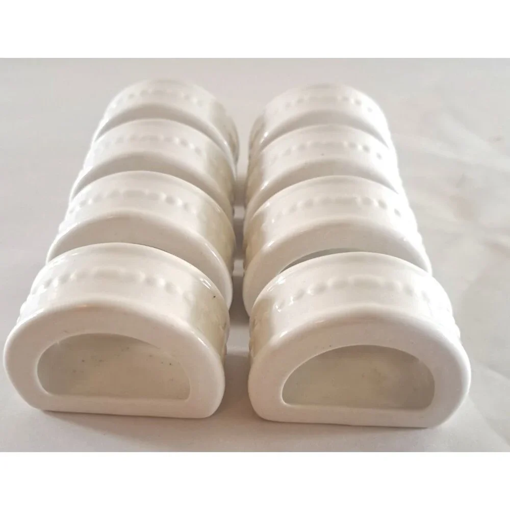 Vintage Beaded Napkin Rings White Ceramic Set of 8 Retro Dinner Party Modern